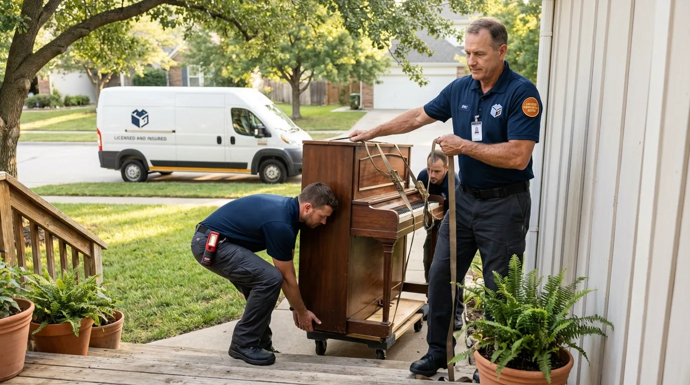 Licensed piano movers securing grand piano in Roseville, CA
