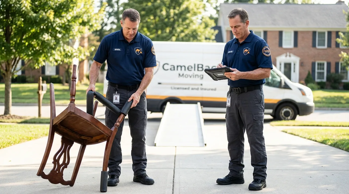 Movers inspecting furniture for damage prevention before loading in Roseville, CA