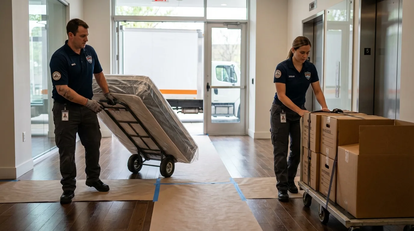 Professional apartment movers loading elevator in Roseville, CA